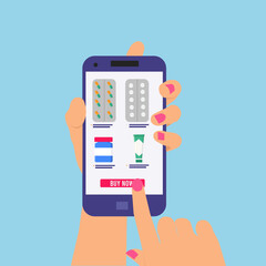 Hand holding smartphone with medical app isolated on white background.  capsules, mobile pharmacy, online shopping. Vector flat design graphic,