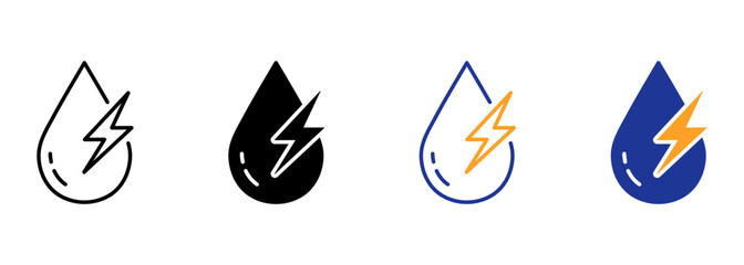 Water Energy Line and Silhouette Icon Color Set. Water Drop with Lightning Pictogram. Nature Eco Power Symbol Collection on White Background. Environmental Green Energy. Isolated Vector Illustration
