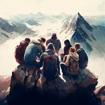 A Group Of People Huddled Together On A Mountaintop, Looking Out At A Breathtaking View