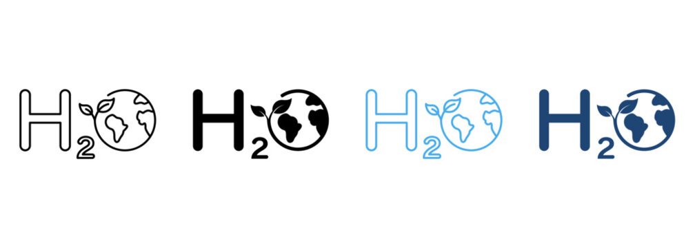H2O Ecology Line and Silhouette Icon Color Set. Eco Water Chemistry Formula with Globe and Leaf Symbol Collection on White Background. Aqua with Earth Nature Environment. Isolated Vector Illustration