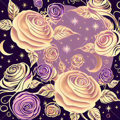 Purple and Gold Celestial Pattern - Moon and Stars - AI Art