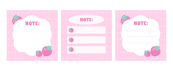 Set note sticker sheets of note papers, sticky notes vector cute pastel color with berries. Blank paper notes, sticker notepads and to do memo messages. Note labels	
