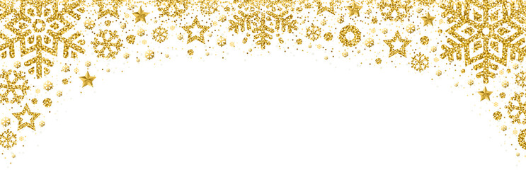 Christmas banner with golden glittering snowflakes and stars. Merry Christmas and Happy New Year greeting banner. Horizontal Transparent PNG