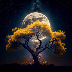 Beautiful yellow tree with milky ways stars and planets Generative AI