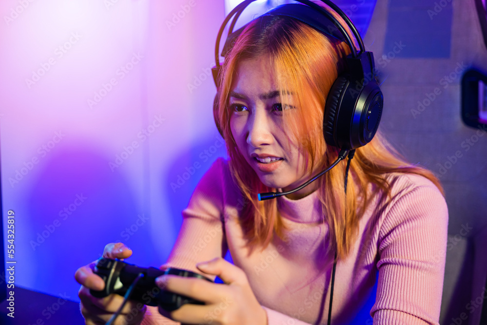 Aufkleber gamer using joystick controller for virtual tournament plays online video game with computer neon li