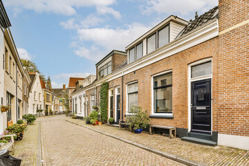 an old street in the netherlands with brick buildings and plants on either side, there is a blue...