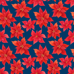 Red poinsettia seamless pattern. Flowers on blue background