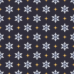 Simple Seamless Pattern of Light Snowflakes and Stars on Dark Backdrop.