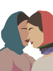 Flat fashion portrait : two women in light colored scarves are facing each other in profile