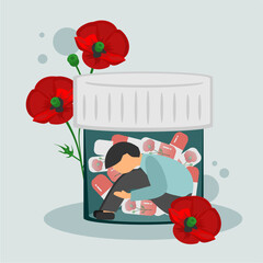 opioid, opioid analgesic, drug addiction, antidepressants, depression treatment, red poppy flower, pill capsule package, prescription drugs, anxiety patient psychological disorder, apathetic man