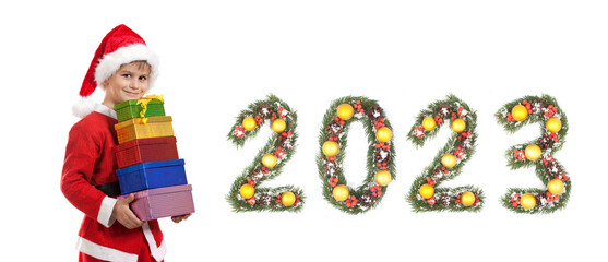 Boy Santa Claus and 2023 christmas number