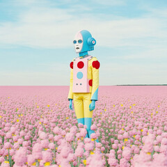 A Spring landscape of a meadow full of pink, fresh flowers on which is illustrated futuristic robot in a fashionable, abstract, pastel yellow, pink and blue suit. Generative AI.