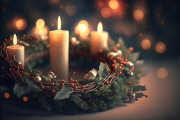 Christmas candles with arrangement and decorations