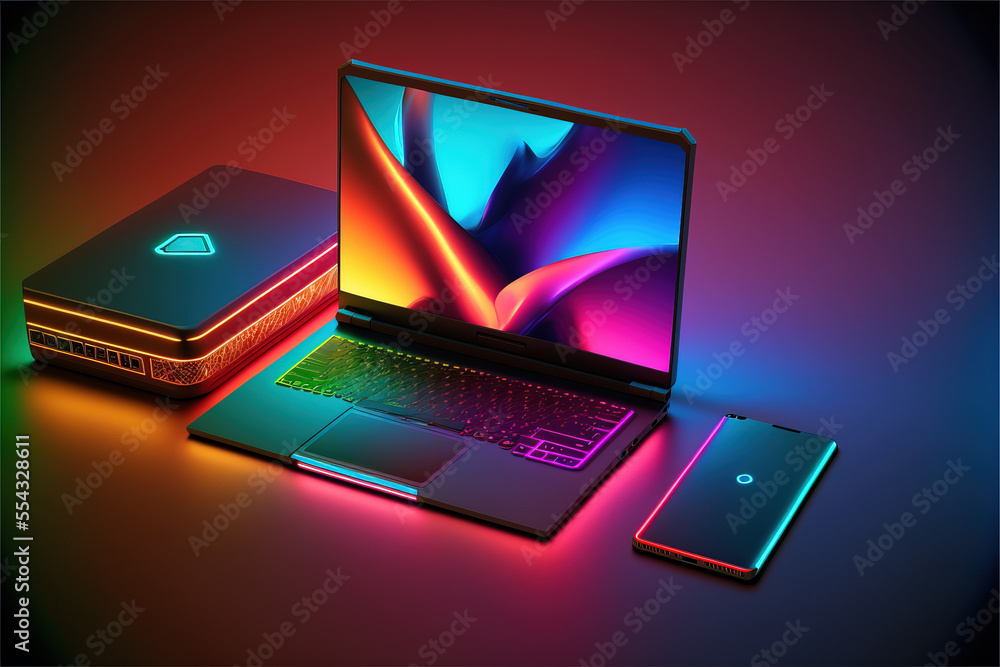 Wall mural Modern neon technology concept with many expensive electronic gadgets on the desk. Illustration of computer, tablet and laptop. Cyber ​​modern lights. Generative AI.