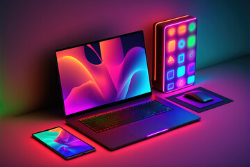 Modern neon technology concept with many expensive electronic gadgets on the desk. Illustration of computer, tablet and laptop. Cyber ​​modern lights. Generative AI.