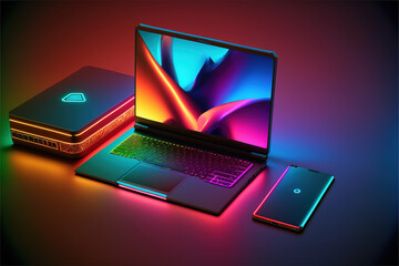Modern neon technology concept with many expensive electronic gadgets on the desk. Illustration of computer, tablet and laptop. Cyber ​​modern lights. Generative AI.