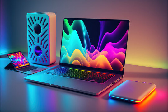 Modern neon technology concept with many expensive electronic gadgets on the desk. Illustration of computer, tablet and laptop. Cyber ​​modern lights. Generative AI.