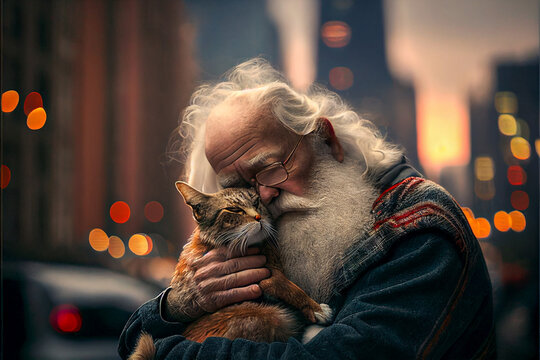 a Santa close and cat  having a warm embrace created with Generative Ai technology	