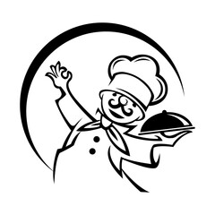 monochrome illustration of whiskered chef.