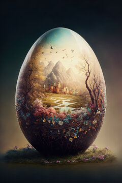 ai midjourney illustration of an easter egg decorated with a fantasy landscape