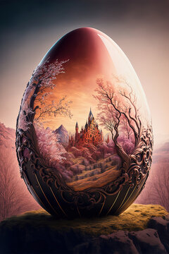 ai midjourney illustration of an easter egg decorated with a fantasy landscape