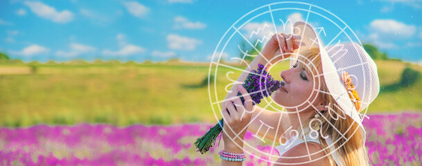 Woman with hat in lavender field. zodiac sign. Selective focus.