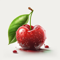 Red cherry with leaves isolated on white background