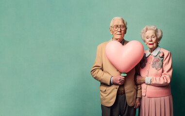 A married couple of pensioners who are happy in love and have a matching outfit of pastel colors. Love that lasts forever. Grandparents holding a heart shaped balloon. Illustration. Generative AI.