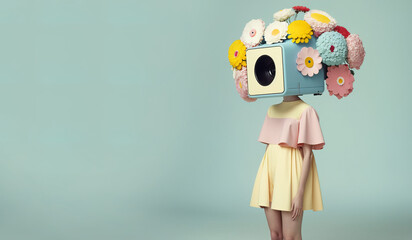 Illustrated portrait of young, beautiful girl. Fashion model in floral style, with fresh spring flowers in trendy pastel clothes. Minimal vintage retro style. Generative AI.