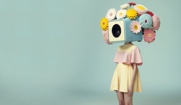 Illustrated portrait of young, beautiful girl. Fashion model in floral style, with fresh spring flowers in trendy pastel clothes. Minimal vintage retro style. Generative AI.