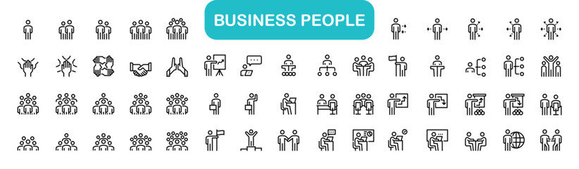 Business people, human resources, office management - thin line web icon set. Outline icons collection. Teamwork, human resources, meeting, partnership, meeting, work group, success, resume. editable
