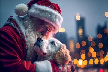a Santa close and dog  having a warm embrace created with Generative Ai technology	