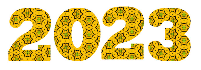Happy New Year 2023 filled with fun playful green and gold stars. Coordinating seamless pattern file # 554330633.