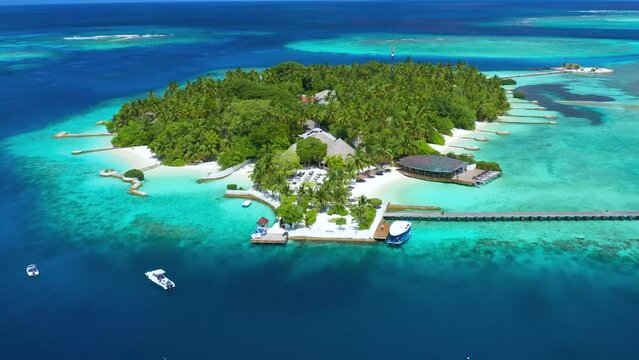 Tropical island with watrer villas and coconut palm trees, blue lagoon, white sandy beach at Bora Bora island, Tahiti, French Polynesia. Aerial drone view.