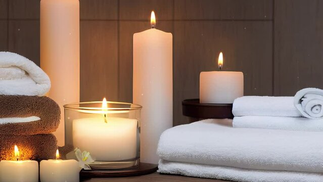 Meditation in spiritual zen scenery, aromatic candles on thermal water. Relaxing floating candles spa and wellness background. Romantic atmosphere mood backdrop. Massage studio therapy preparation.