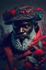 portrait of a Black santa claus covered in  December birth flowers, holly and narcissus, christmas, santa claus -Generative ai 