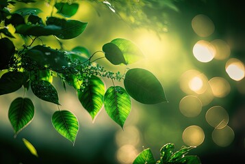 illustration of green forest ivy leaves branch backlight against sunlight , selective focus
