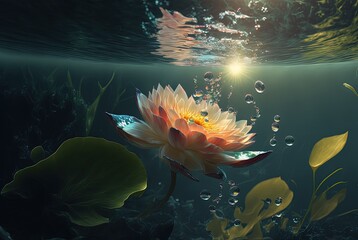 Fototapeta na wymiar illustration of pink lotus flower underwater against sunlight, light shine through water ripple, air bubble, float to surface, soft tone color feel pure and gentle