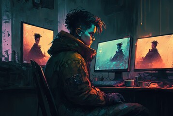 illustration futuristic theme of hacker, gamer, or just teenager using computer	
