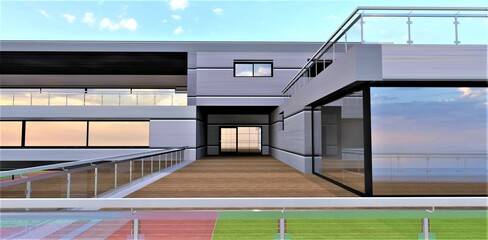 Perspective view of the door from the terrace into the room. Wooden floor and aluminum wall cladding. Glass fence. 3d rendering.