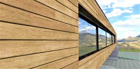 Facade board as a wall covering for a stylish foreign home in a minimalist style for people who prefer sustainable solutions in the construction of a family home. 3d rendering.