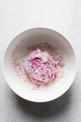 Dry noodles dough, pink beet noodles, homemade noodles, process of making noodles, dough in white bowl