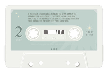 Vector drawing of music audio cassette for record player. Vintage analog tape cassette stylization. Play my stereo.