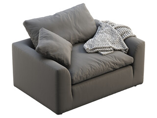 Modern gray fabric upholstery chair with knitted plaid. 3d render.