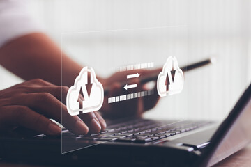 Exchange information data with internet cloud technology. Business person hand using laptop computer and smartphone with virtual popup icon of cloud computing Storage and data transfer Cloud network.