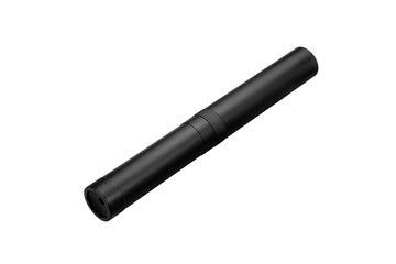 Black silencer for weapons. Suppressor that is at the end of an assault rifle. Isolate on a white back.