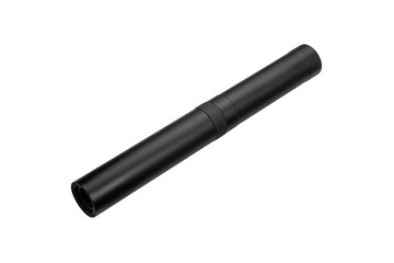 Black silencer for weapons. Suppressor that is at the end of an assault rifle. Isolate on a white back.