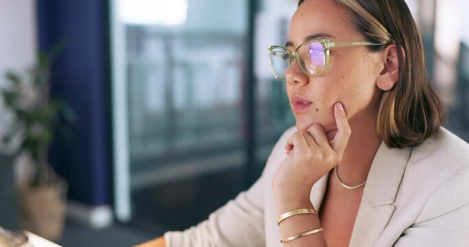Email communication, marketing and business woman with computer for seo, website and research on the internet. Digital marketing, analysis and employee reading web information on a pc for work
