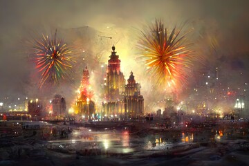 Naklejka na ściany i meble Fireworks over the night city colourfull ai generated