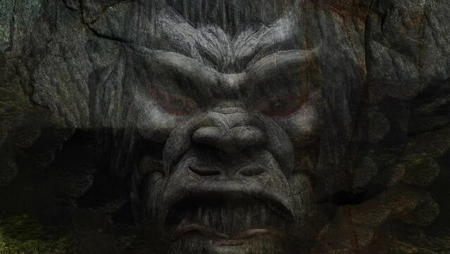 Angry face emerging from a stone cave. This  is a composite using AI-generated Asian monster` s image and other digital medias such as digital paint and photoshop.
